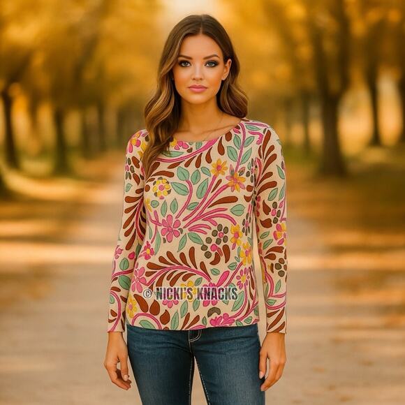 Talbots Petites Merino Wool Sweater S Spring Floral Retro Mod Print Lightweight - Picture 1 of 9